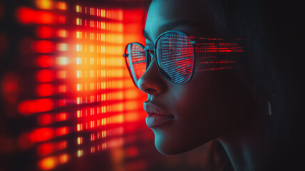 Wall Mural - A woman is looking at a computer screen with a red background. The woman is wearing glasses and has a serious expression on her face