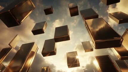 Poster - golden blocks float in a dramatic sky during sunset with scattered clouds and warm light