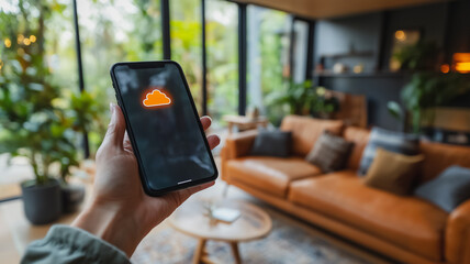 Poster - A person is holding a cell phone in a living room with a couch and a potted plant. The phone screen shows a cloud icon, which could be a weather app or a reminder. The living room has a cozy