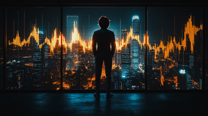 Poster - A man stands in front of a city skyline with a large number of orange lines. The man is looking out the window, and the cityscape is lit up with orange lights