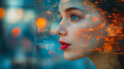 Poster - A woman with a red lipstick is looking at the camera. The image is blurry and has a cityscape background