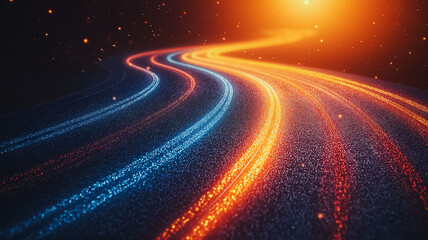 Poster - A long, curving road with bright orange and blue streaks. The streaks are like a rainbow, and the road is illuminated by a bright orange sun. The scene is dynamic and energetic