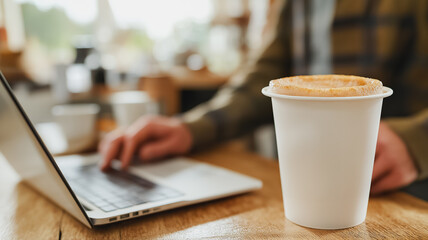 Poster - A person is typing on a laptop while holding a cup of coffee. Concept of productivity and focus, as the person is working on their laptop while enjoying a hot beverage