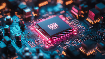 Poster - A computer chip is lit up in a blue and pink color scheme. The chip is surrounded by other electronic components, creating a futuristic and technological atmosphere