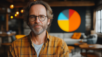 Wall Mural - A man with glasses and a plaid shirt is standing in front of a pie chart. The pie chart is colorful and has a yellow background. The man is looking at the camera with a serious expression