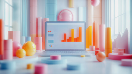 Poster - a laptop is on a table with a colorful background of various shapes and sizes. the laptop screen dis