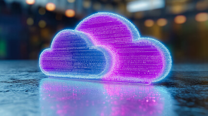 Poster - A cloud with two purple hearts on it. The cloud is lit up with neon colors. Scene is bright and cheerful