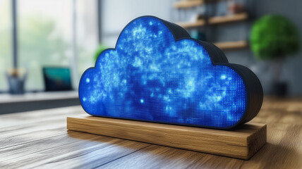 Fototapete - A blue cloud with a light on top of it. The light is on a wooden stand