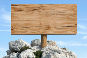 wooden signboard on rocks with a clear sky, perfect for advertising or messages.