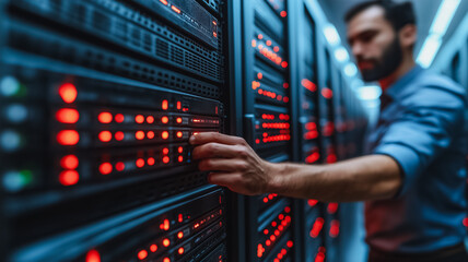 Poster - A man is standing in front of a row of computer servers with his hand on a red button
