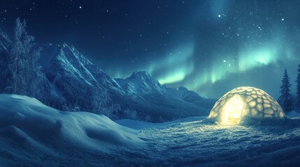 Wall Mural - Enchanted Winter Night: Illuminated Igloo Under the Aurora Borealis in a Snowy Mountain Landscape