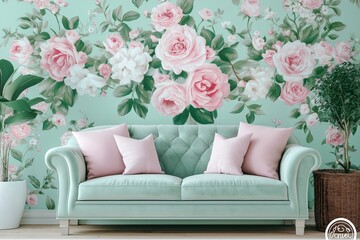 Poster - A pastel floral wallpaper with soft roses and subtle vintage distressing