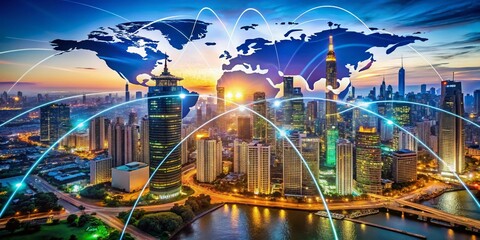 Aufkleber - Aerial Drone Photography Showcasing a Connected World Through a Global Network, Highlighting International Communication and Interaction Among Diverse Cultures and Landscapes