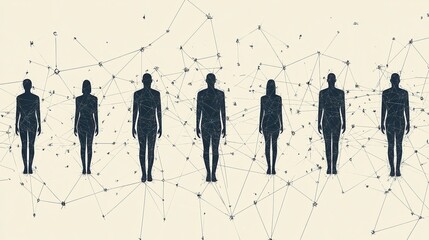  Minimalist icon network featuring simplistic human figures connected by thin lines, arranged in triangular grid pattern with subtle shadows on light background.