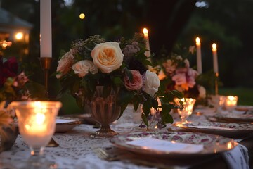 Poster - A romantic candlelit table setting with lace placemats and vintage floral dinnerware.