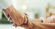 © peopleimages.com - Nurse, holding hands and elderly care with empathy for love, assisted living or support at old age home. Closeup, people or touch with sympathy for healthcare, nursing help or assistance at house
