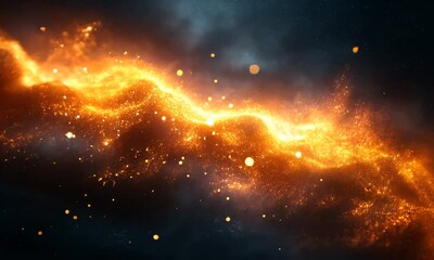 a vibrant cosmic scene depicting swirling orange and gold particles in a dark space backdrop.