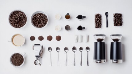 Poster - Flat lay composition features rich coffee beans, assorted cups, spoons, and a coffee maker with ample space for text, perfect for a cafe theme. Generative AI