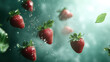 © AGCreative - Fresh strawberries floating in water with splashes and green leaves create vibrant and refreshing scene. composition captures essence of summer and nature bounty