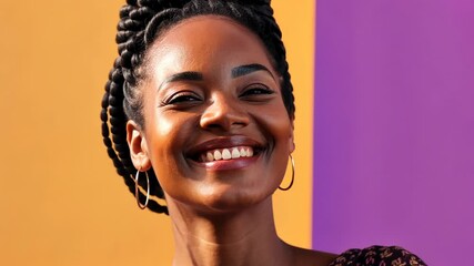 Poster - Woman with a big smile on her face. She has a braid in her hair and is wearing earrings