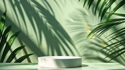 Wall Mural - White pedestal with a green background and a palm tree in the foreground. The pedestal is empty and the palm tree is casting a shadow on the pedestal