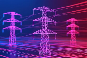Poster - A futuristic depiction of power line towers illuminated in vibrant neon colors, symbolizing energy and technology.