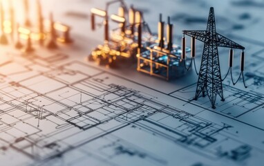 Poster - A close-up view of an electrical blueprint featuring a power line tower model and industrial structures, symbolizing energy and engineering design.