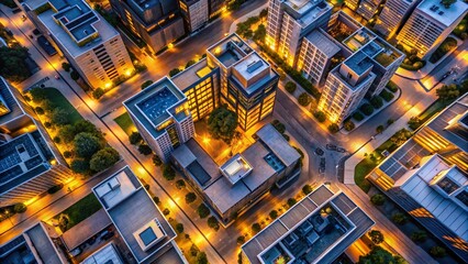 Poster - Aerial View of a Minimalist Urban Landscape Showcasing Geometric Buildings and Clean Lines, Enhanced by Low Light Photography for Dramatic Shadows and Unexpected Angles