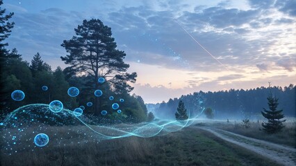 Poster - A forest with a blue sky and a tree in the foreground