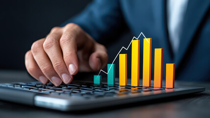 A hand operating a calculator with a growth chart indicating financial progress.