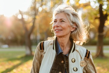 Wall Mural - Portrait of a blissful woman in her 60s sporting a stylish varsity jacket isolated in bright and cheerful park background