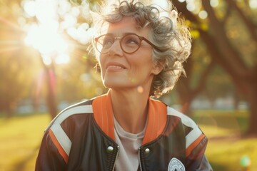 Wall Mural - Portrait of a blissful woman in her 60s sporting a stylish varsity jacket on bright and cheerful park background