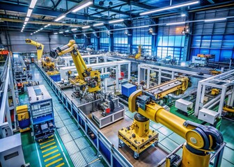 Poster - Aerial View of a Robot Efficiently Operating Complex Machinery in a High-Tech Industrial Workshop, Showcasing Automation and Innovation in Manufacturing Processes