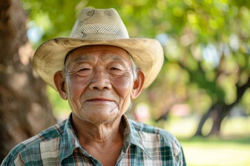 Wall Mural - Portrait of a blissful asian elderly man in his 90s wearing a rugged cowboy hat isolated in bright and cheerful park background