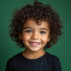 portrait of a smiling curly child on a green background