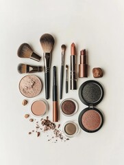 Poster - An arrangement of various makeup tools includes brushes, eyeshadows, lipsticks, and powders on a clean surface, offering ample copy space. Generative AI
