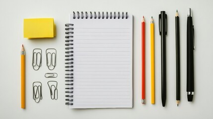 Poster - Various office supplies including pens, pencils, paper clips, sticky notes, and a blank notebook are organized on a clean surface. Generative AI