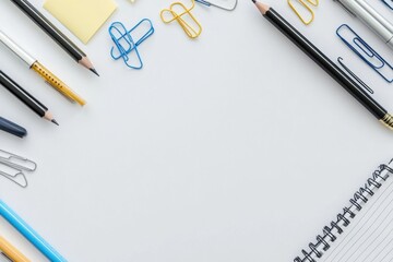 Poster - Office supplies like pens, pencils, and sticky notes are neatly arranged on a clean workspace with copy space for text. Generative AI