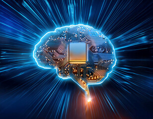 Poster - intricate circuit board with illuminated brain symbol representing artificial intelligence technolog