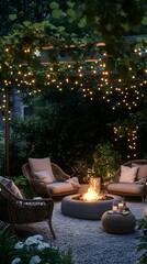 A cozy outdoor seating area with comfortable chairs, surrounded by lush greenery and an inviting fire pit under the glow of fairy lights