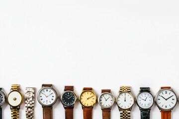 Aufkleber - A collection of wristwatches featuring various designs and colors arranged against a white background, showcasing timepiece diversity. Generative AI