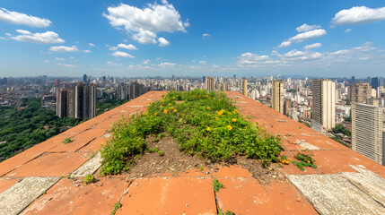 Urban nature revival wildflowers bloom amidst skyscrapers in vibrant city landscape captured from rooftop perspective