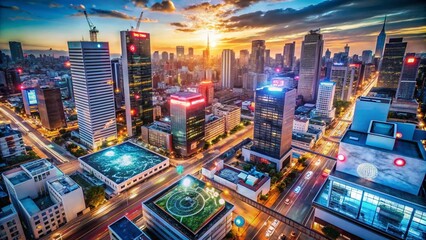 Aufkleber - Aerial View of Urban Landscape Showcasing Mobile Technology and Online Shopping Trends with Generative AI, Highlighting Connectivity and Innovation in a Digital World