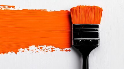 Paintbrush with orange paint on it is next to a white wall. The brush is black and the paint is orange