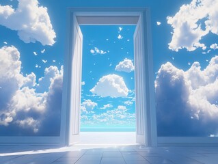 Aufkleber - An open door leading to the sky, with fluffy white clouds and blue sky outside.This scene can represent different aspects of heaven in different cultures.