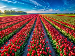 Wall Mural - Aerial View of Vibrant Red Tulips in Full Bloom Across a Lush Green Field Captured by Drone Photography, Showcasing Nature's Splendor and the Beauty of Springtime Landscapes