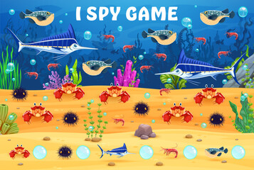 Poster - I spy game worksheet with underwater sea animals. Vector educational activity, riddle for spotting cartoon crabs, fish, swordfish, urchin and pufferfish on the ocean bottom, enhancing counting skills