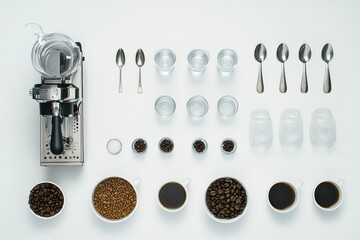 Leinwandbilder - Flat lay arrangement of coffee beans, cups, and utensils creates an inviting atmosphere for coffee lovers in a minimalist setup. Generative AI