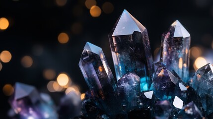 Poster - stunning cluster of quartz crystals set against a blurred golden bokeh background showcasing their n