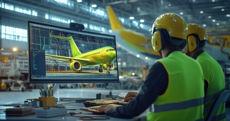 Poster - Engineer analyzing airplane design in aerospace hangar